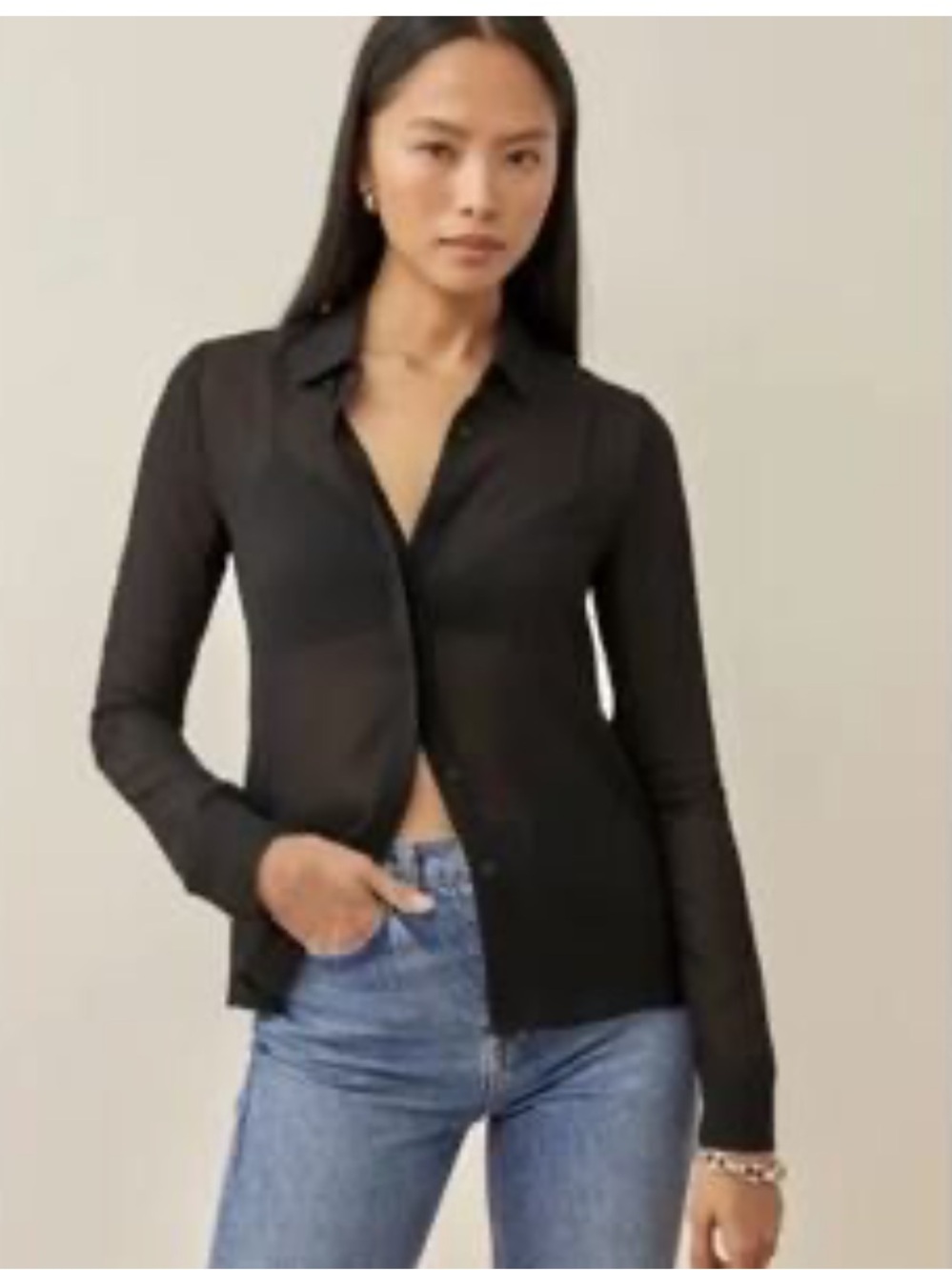 Reformation Black Long-Sleeve Button Front Blouse